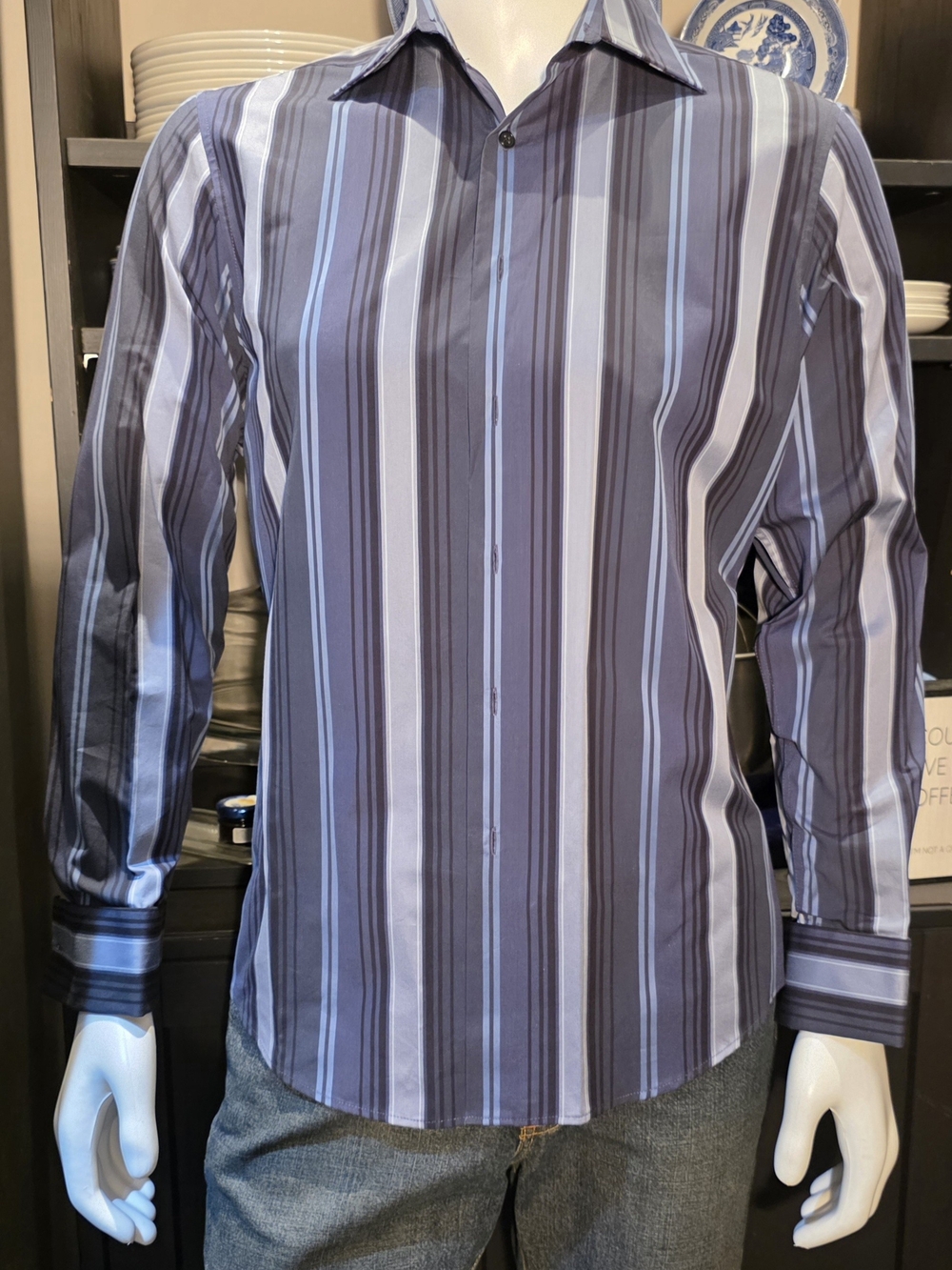 INC International Concepts Men's Blue and White Vertical Stripe Dress Shirt